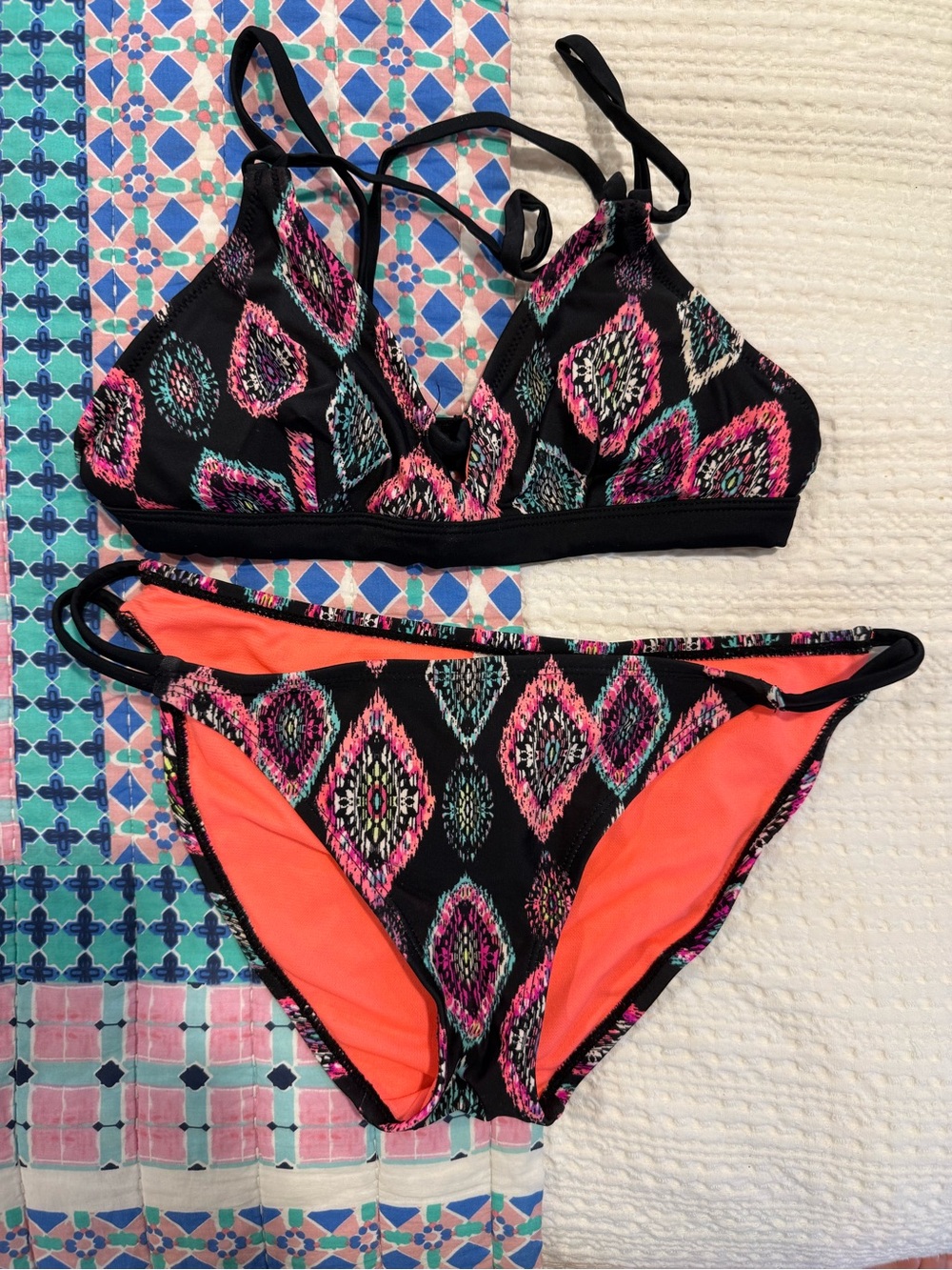 Black Bikini Set with Neon Pink & Teal Geometric Print